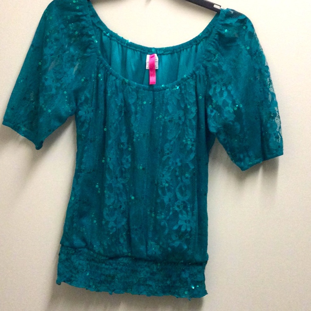 Teal sparkle lace top